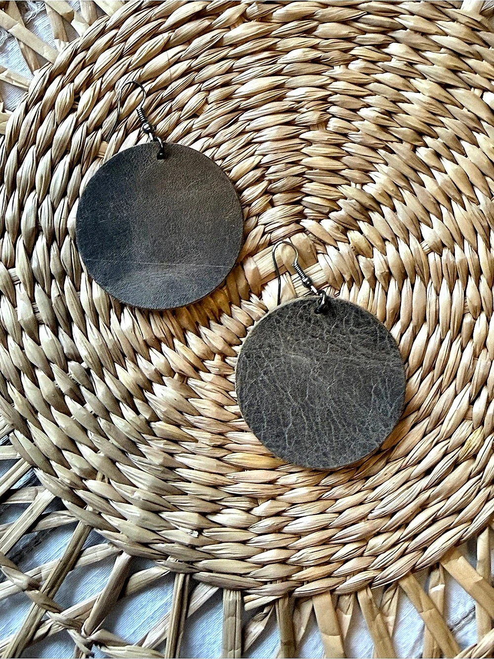 Round Leather Gray Drop Earrings